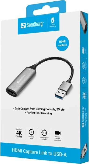 Konvertues/kartë kapjeje video HDMI në USB-A Sandberg 134-19, 4K input / 1080p 30fps capture, gri, set 1 copë