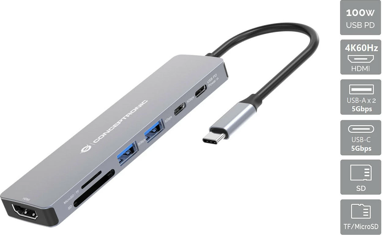 Dock Conceptronic 7-në-1 USB-C HDMI/USB-A/USB-C/SD, 25cm, gri