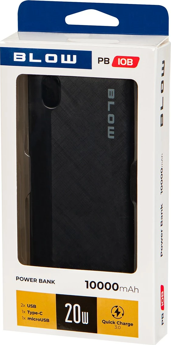 Powerbank, BLOW, PB10B, 10000mAh 20W PD/QC 3.0 me 3 porta (2x USB-A, 1x USB-C) me ekran tregues, e zezë