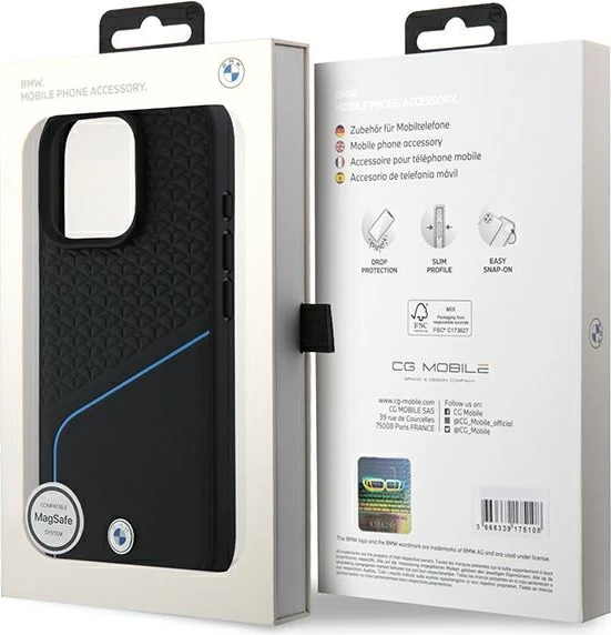Mbështjellës, BMW, Signature Leather Textured & Line MagSafe, për iPhone 16 Pro, i zi