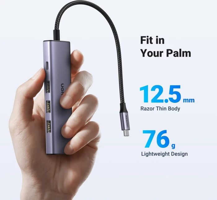 USB-C hub UGREEN 15596 5-në-1, 100W PD, HDMI 4K@30Hz, 3x USB-A 5Gbps, gri