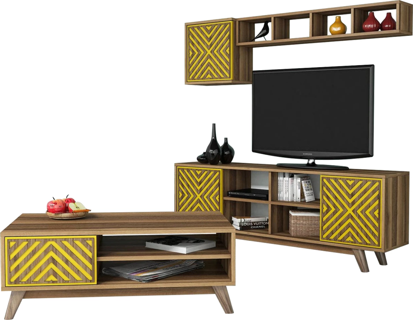 Kompozim për dhomë ndeje FH11853.04 2 pjesë melaminë në ngjyrë arre dhe të verdhë