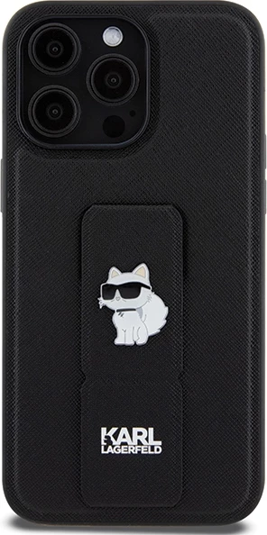 Mbështjellës Karl Lagerfeld Gripstand Saffiano Choupette Pins për iPhone 13 Pro Max, i zi