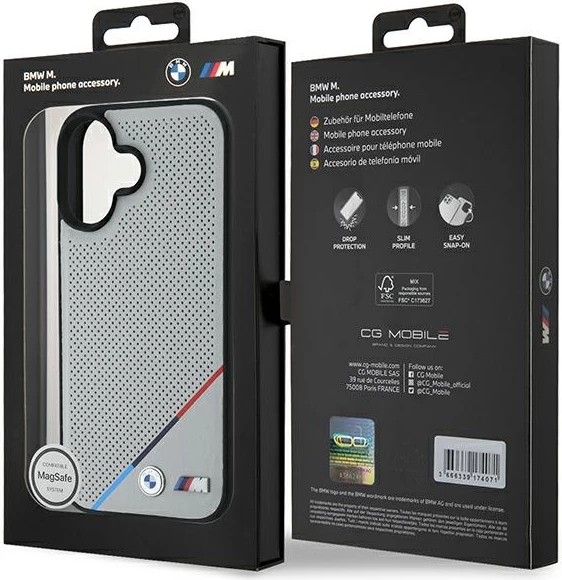 Mbështjellës BMW M Perforated Tricolor Line MagSafe për iPhone 16, Gri