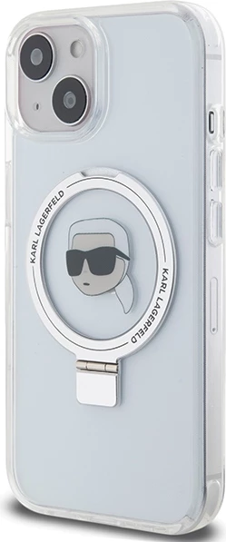 Mbështjellës Karl Lagerfeld KLHMP15SHMRSKHH për iPhone 15 6.1", hardcase me Ring Stand Karl Head MagSafe, Bardhë