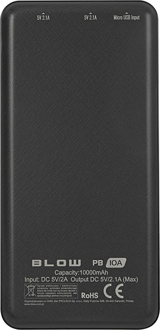 Power bank, BLOW, PB10A 10000mAh, 2x USB deri 2.1A, zi, set me kabllo