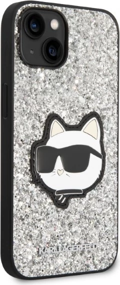Mbështjellës Karl Lagerfeld Glitter Choupette për iPhone 14 Plus 6.7", argjendtë