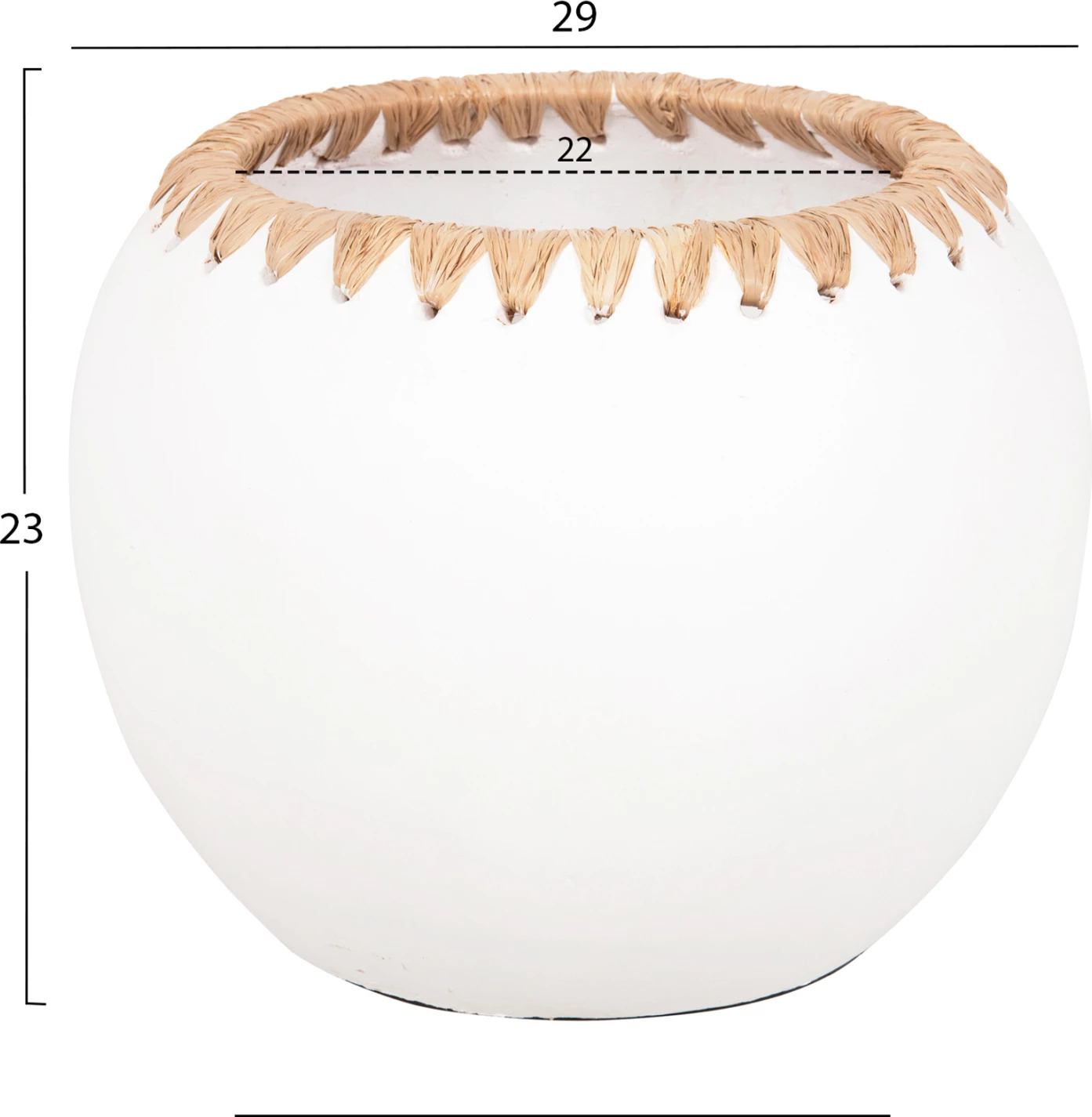 Vazo dekorative FH4375 terrakote, ngjyrë e bardhë me thurje kashtë në buzë, Φ29x23H cm