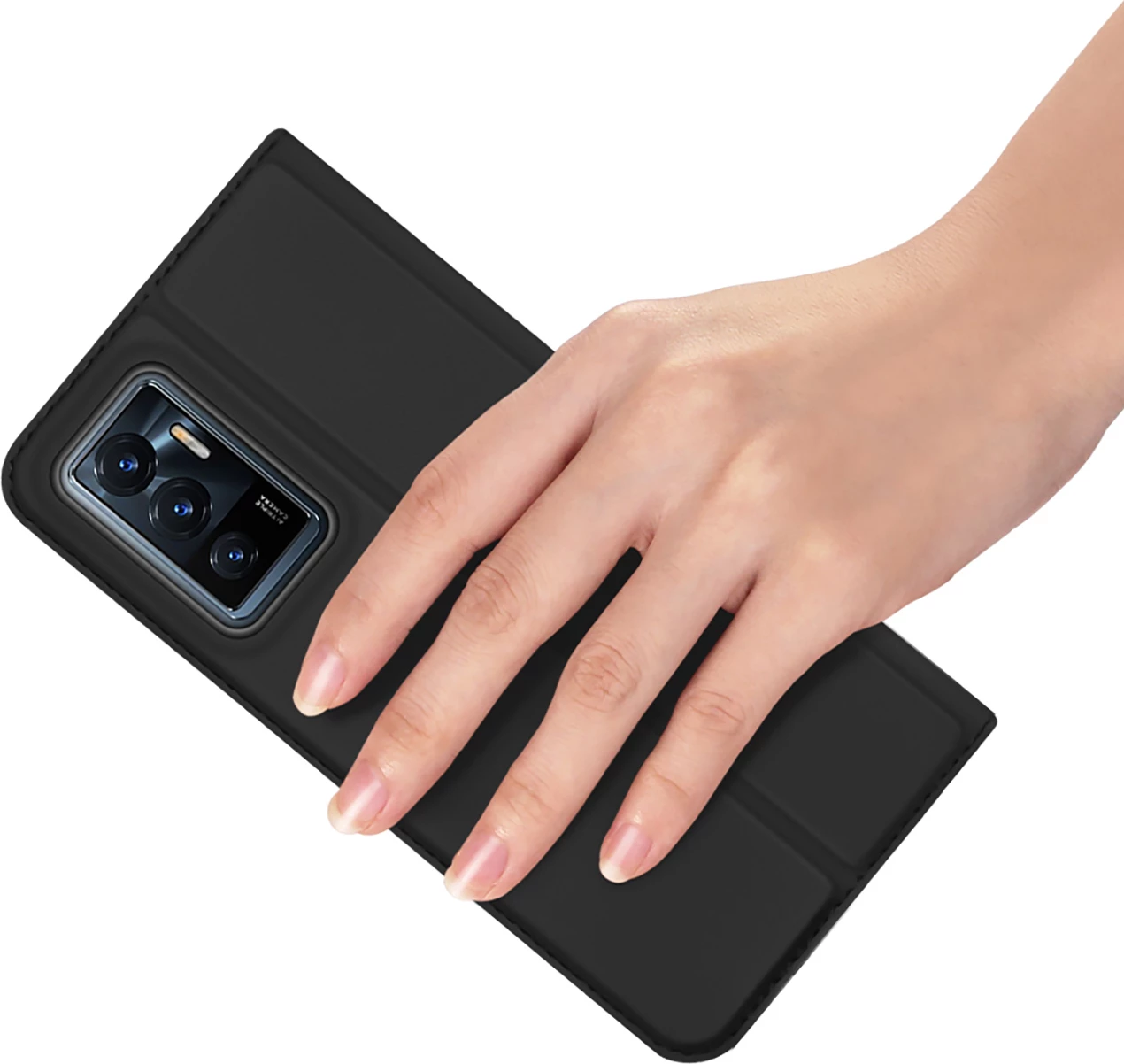 Mbështjellës Dux Ducis Skin Pro për Vivo V23e, me kapak, xhep kartelash dhe mbajtëse, e zezë