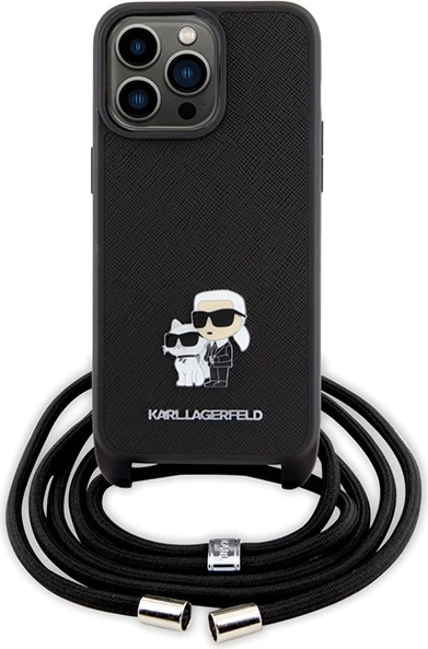 Mbështjellës Karl Lagerfeld Crossbody Saffiano Metal Pin Karl & Choupette për iPhone 15 Pro Max, i zi
