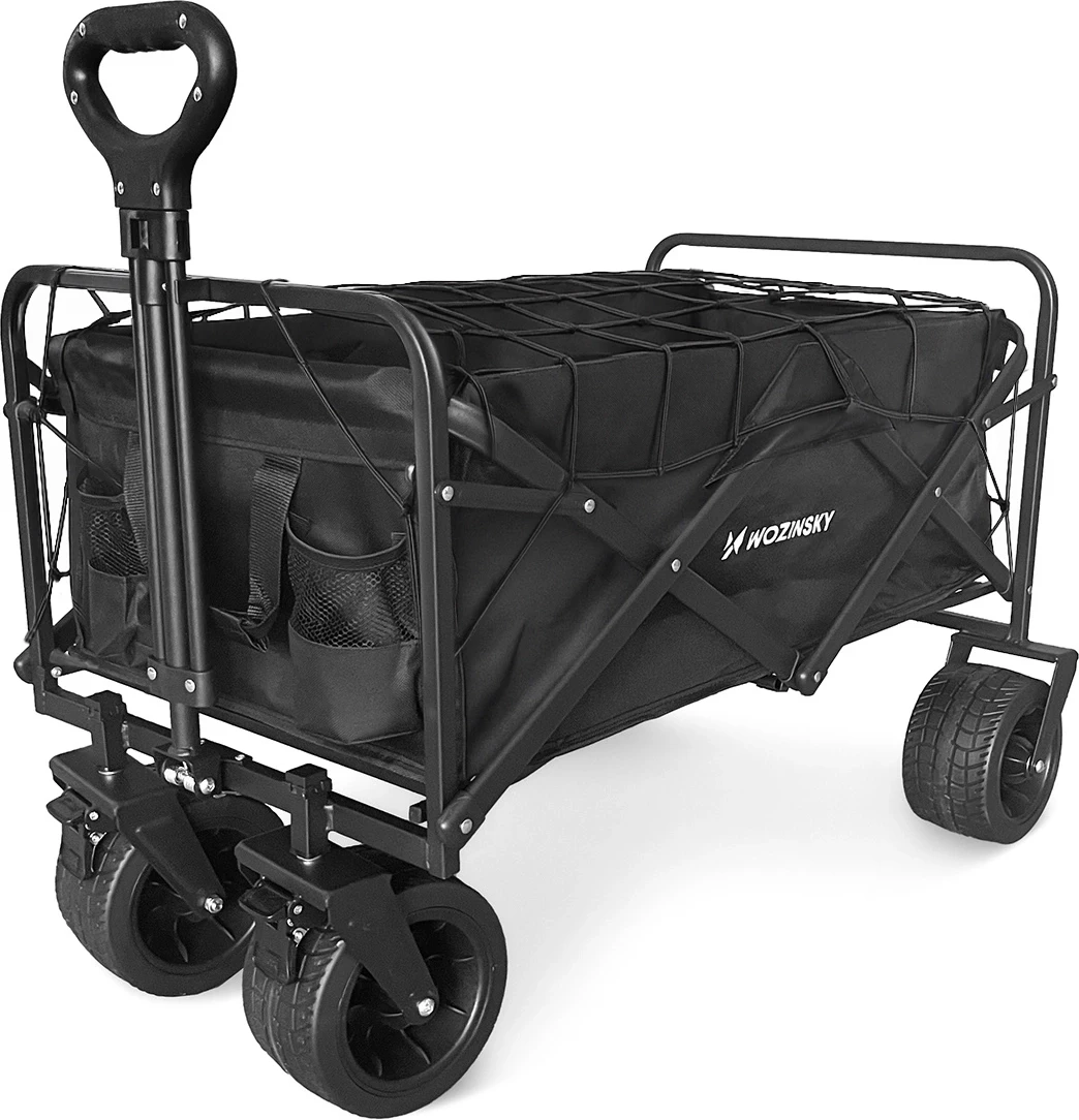 Karrocë transporti palosëse, Wozinsky WZP-100, kapacitet deri 100 kg, rrota të gjera terreni, pëlhurë Oxford 600x300D, me rrjetë sigurie, e zezë