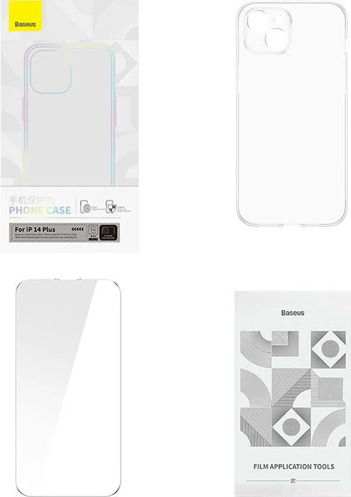 Mbështjellës Baseus Crystal Series për iPhone 14 Plus me xham të temperuar, Transparent