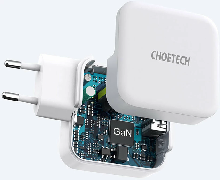 Karikues muri Choetech PD8002, GaN, 65W, 2 porta (USB-C + USB-A), Bardhë