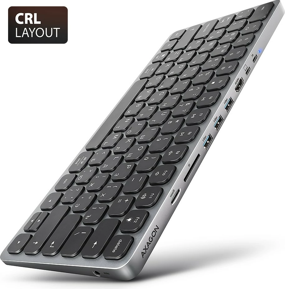 Tastierë AXAGON HMC-KB-CRL me hub USB-C 9-në-1, layout cirilik, 60cm, Gri