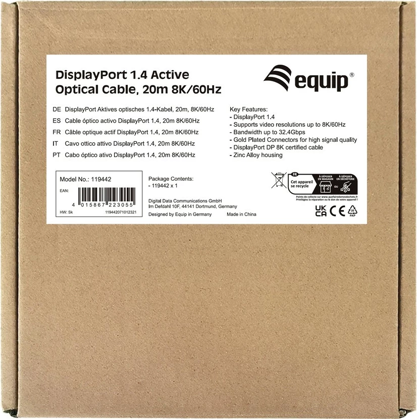 Kabllo optike aktive DisplayPort 1.4 Equip, 20m, 8K/60Hz, e zezë