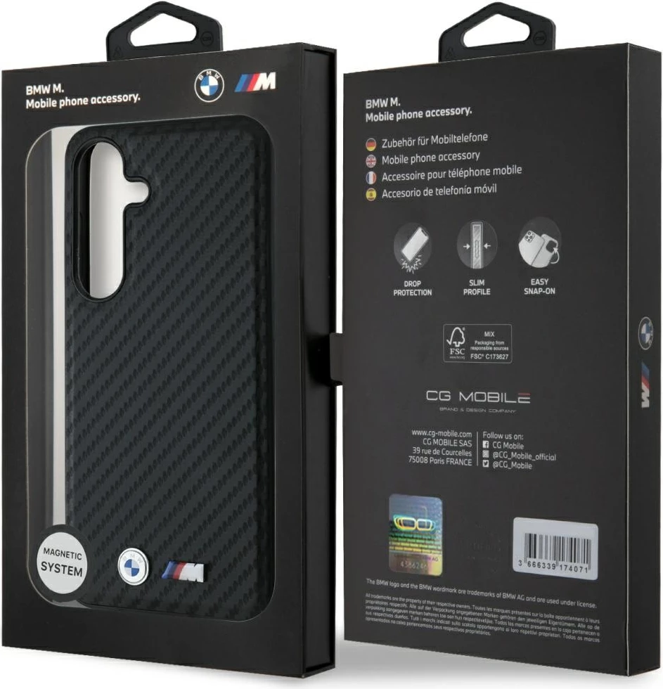 Mbështjellës BMW Leather Carbon MagSafe për Samsung Galaxy S25+, i zi