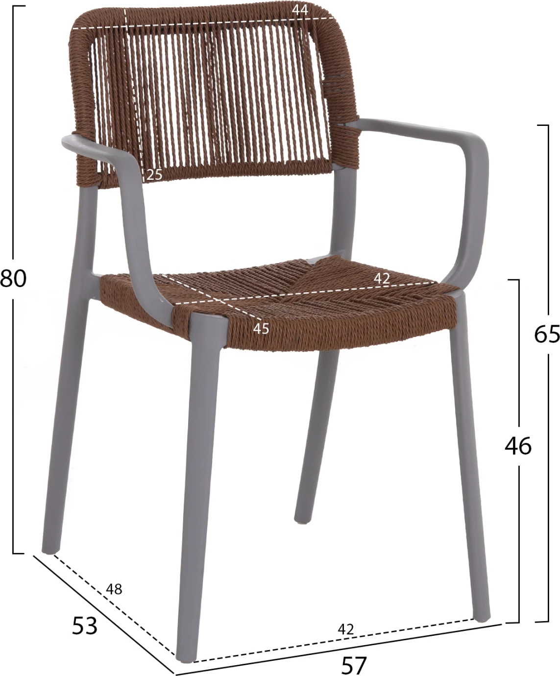 Karrige për jashtë STRIDER, polipropilen gri, litar kafe, 57x53x80cm, set prej 5 copësh
