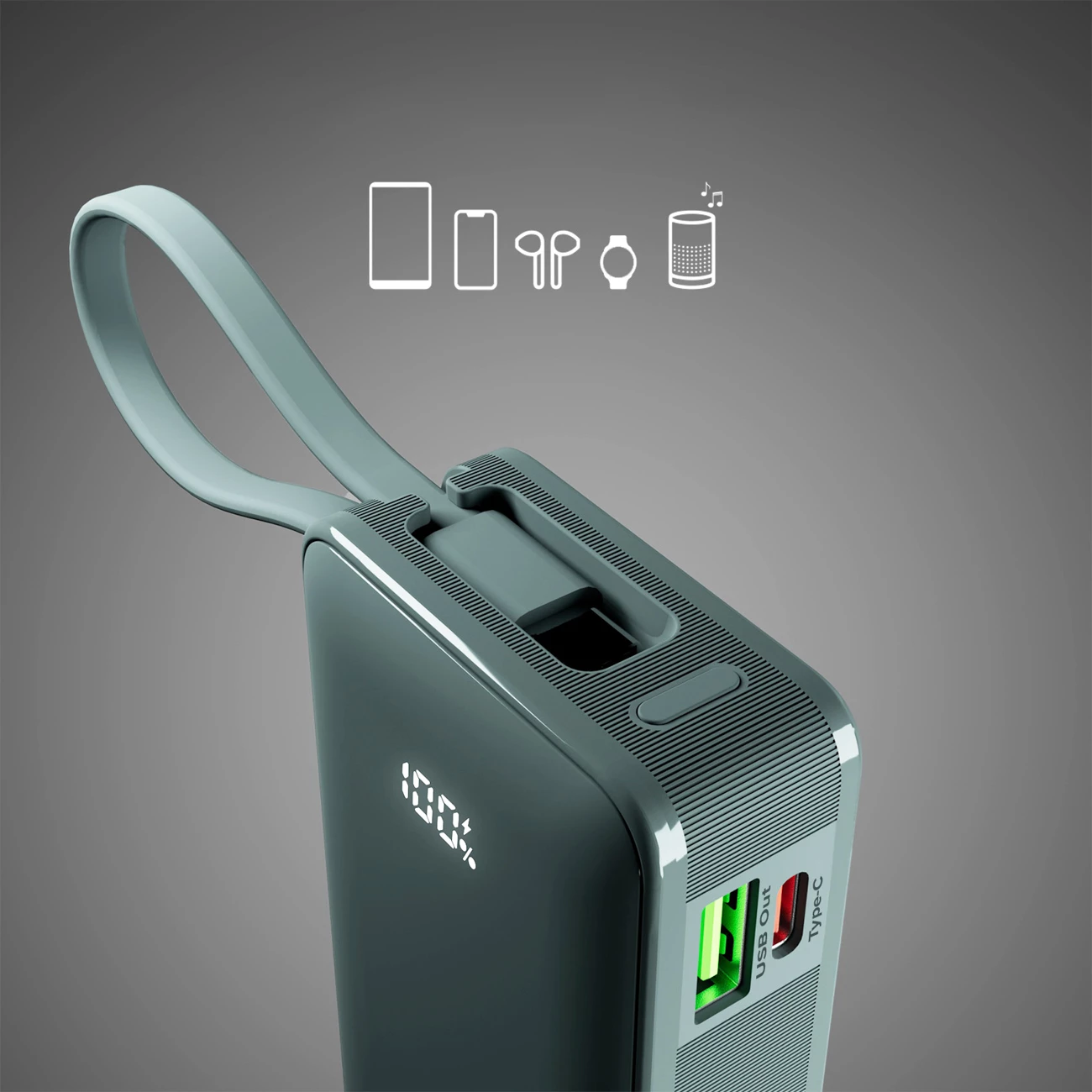 Powerbank SBS 10000 mAh 20W me kabllo USB-C të integruar dhe ekran LCD, Gri