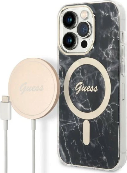 Set mbështjellës Guess Marble me karikues wireless MagSafe për iPhone 14 Pro, zi/ari