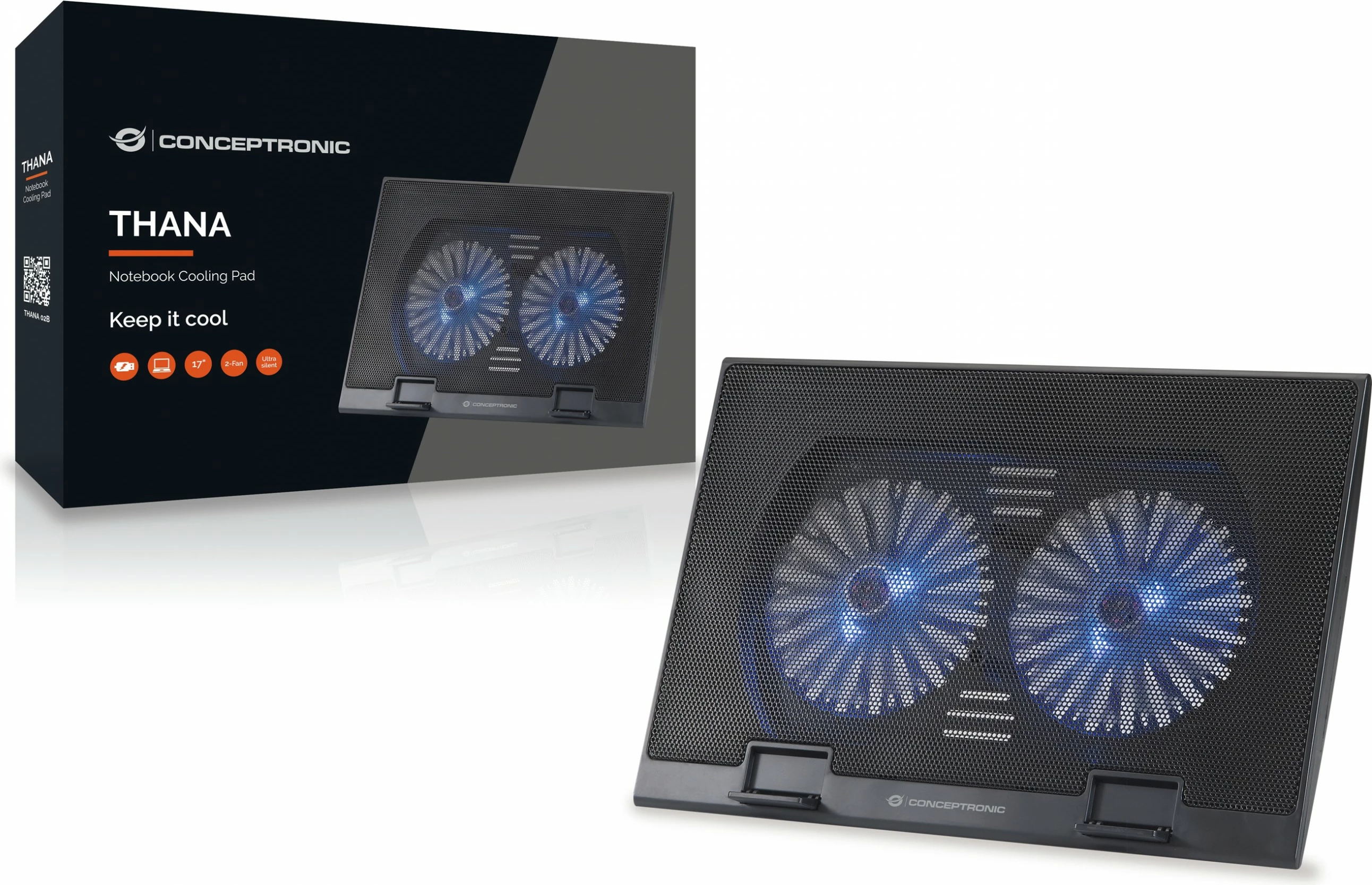 Pad ftohës laptopi Conceptronic 2-Fan, USB-A 2.0, deri 17 inç, zi