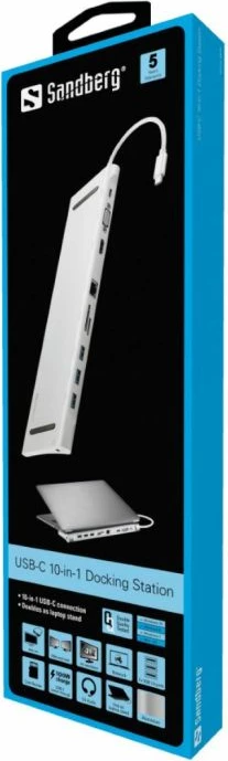 Docking station USB-C SANDBERG 136-31 10-në-1, HDMI 4K, VGA, Ethernet Gigabit, USB 3.0, PD 100W, argjend