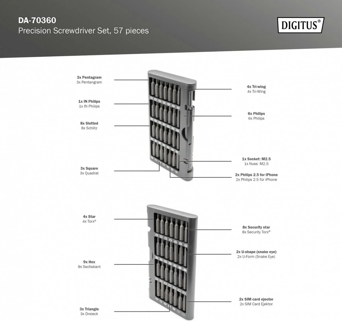 Set vidash Digitus DA-70360, 57 pjesë, kuti alumini