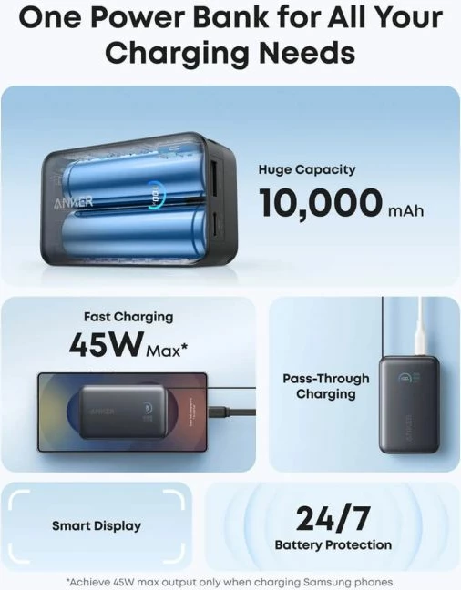 Powerbank ANKER Nano A1638H11 10000 mAh 45W me kabllo USB-C të integrume, zi