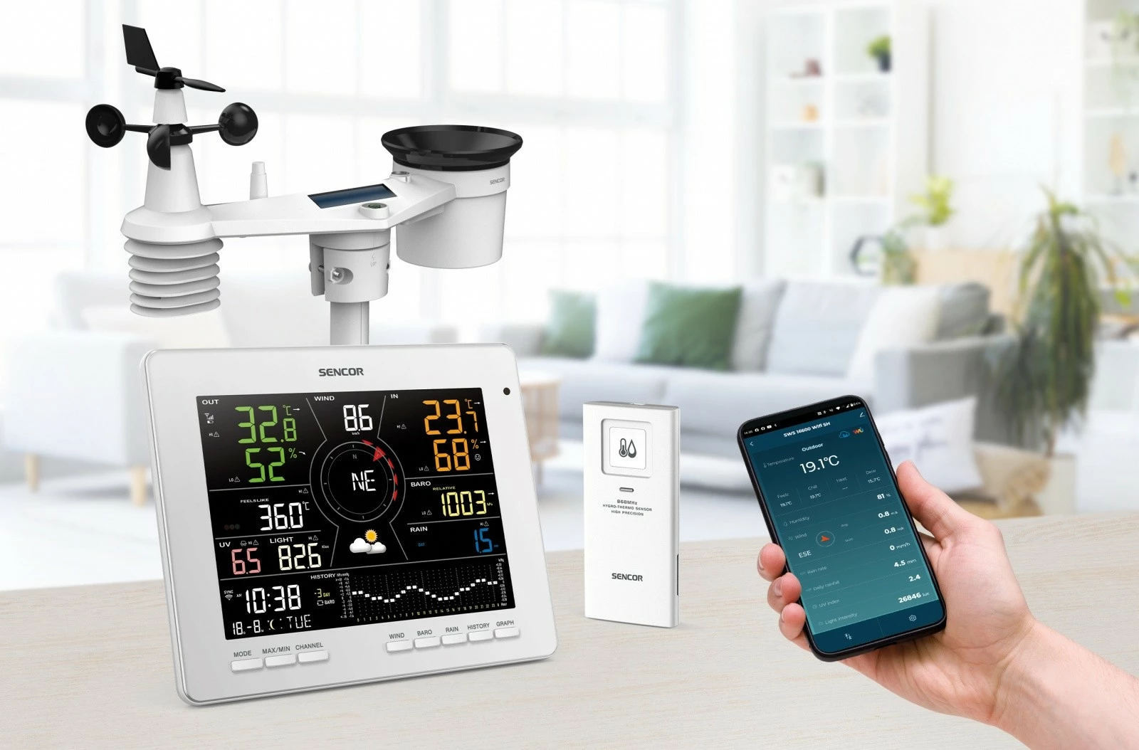 Stacion moti SMART Sencor SWS 16600 WiFi SH, me sensor 7-në-1 dhe TH, i bardhë