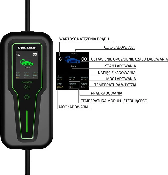 Karikues portabil për vetura elektrike Qoltec 52467, Type 2, 11kW, 3 faza, LCD, 5m, zi/gjelbër