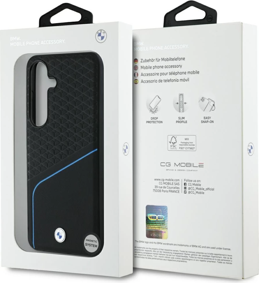 Mbështjellës BMW Leather Textured and Smooth MagSafe për Samsung Galaxy S25, i zi