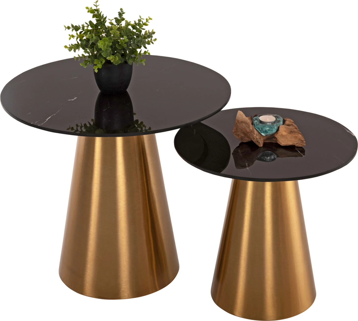 Tavolina anësore 2 copë RENGI FH9665 metal në ngjyrë ari-zi me sipërfaqe qeramike Φ56&Φ43 cm