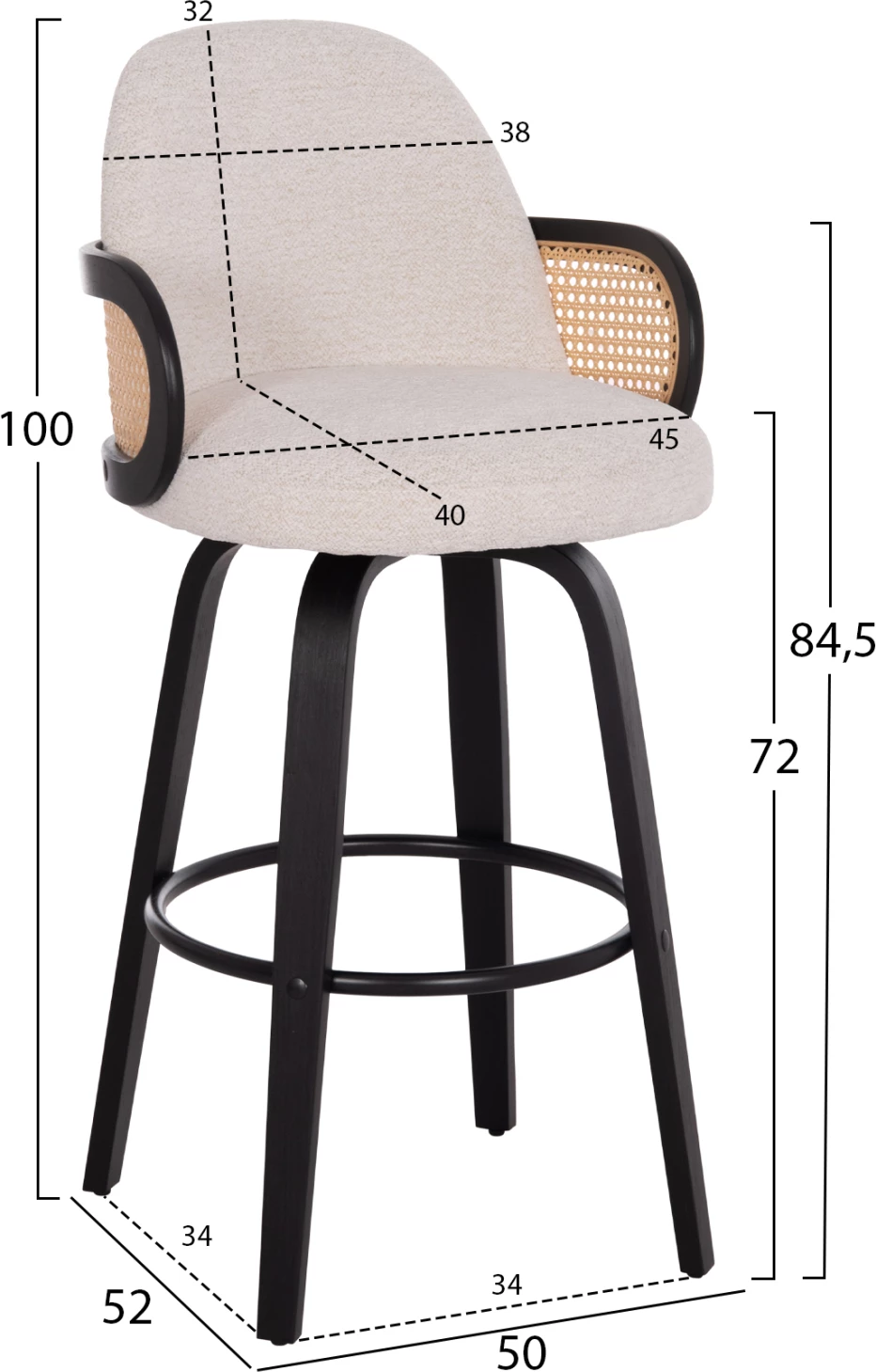Karrige për bar rrotulluese BECKER, dru i zi, stof ecru, set prej 2 copë, 50x52x100cm