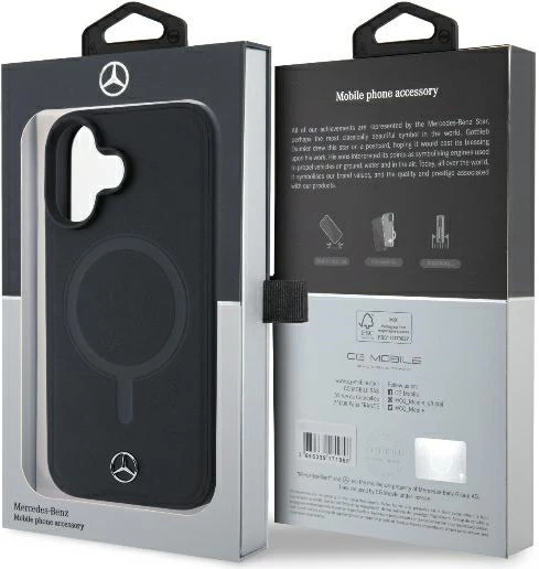 Mbështjellës Mercedes Plain Smooth Leather MagSafe për iPhone 16, i zi