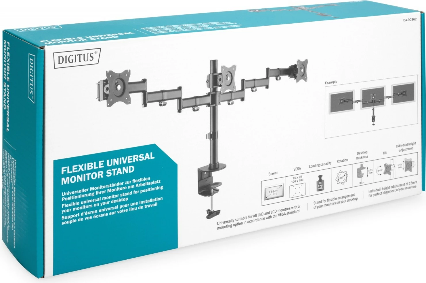 Mbajtëse tavoline për 3 monitorë Digitus DA-90362, deri 27", e zezë