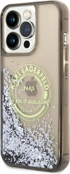 Mbështjellës Karl Lagerfeld Liquid Glitter RSG për iPhone 14 Pro Max, i zi