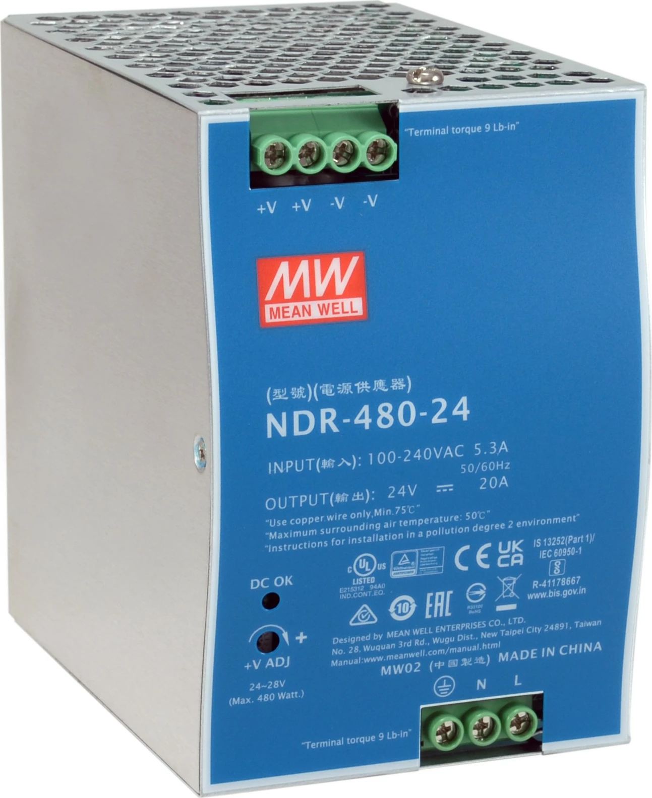 Furnizues industrial LevelOne, 24V DC, 480W, montim DIN-Rail, blu, argjend