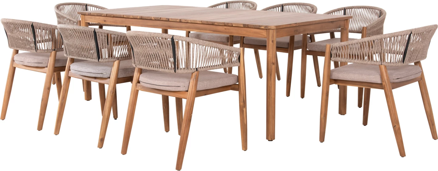 Tavolinë me karrige për terasë 9 pjesë NAVANT FH21066.02, tavolinë me 8 karrige, dru akacie, litar najloni, ngjyrë bezhë
