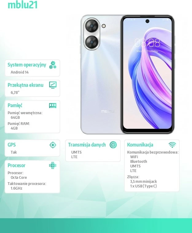 Celular MEIZU mblu21, 4 GB RAM, 64 GB, Android 14, Bardhë