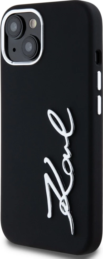 Mbështjellës Karl Lagerfeld Silicone Metal Script Logo për iPhone 15, i zi