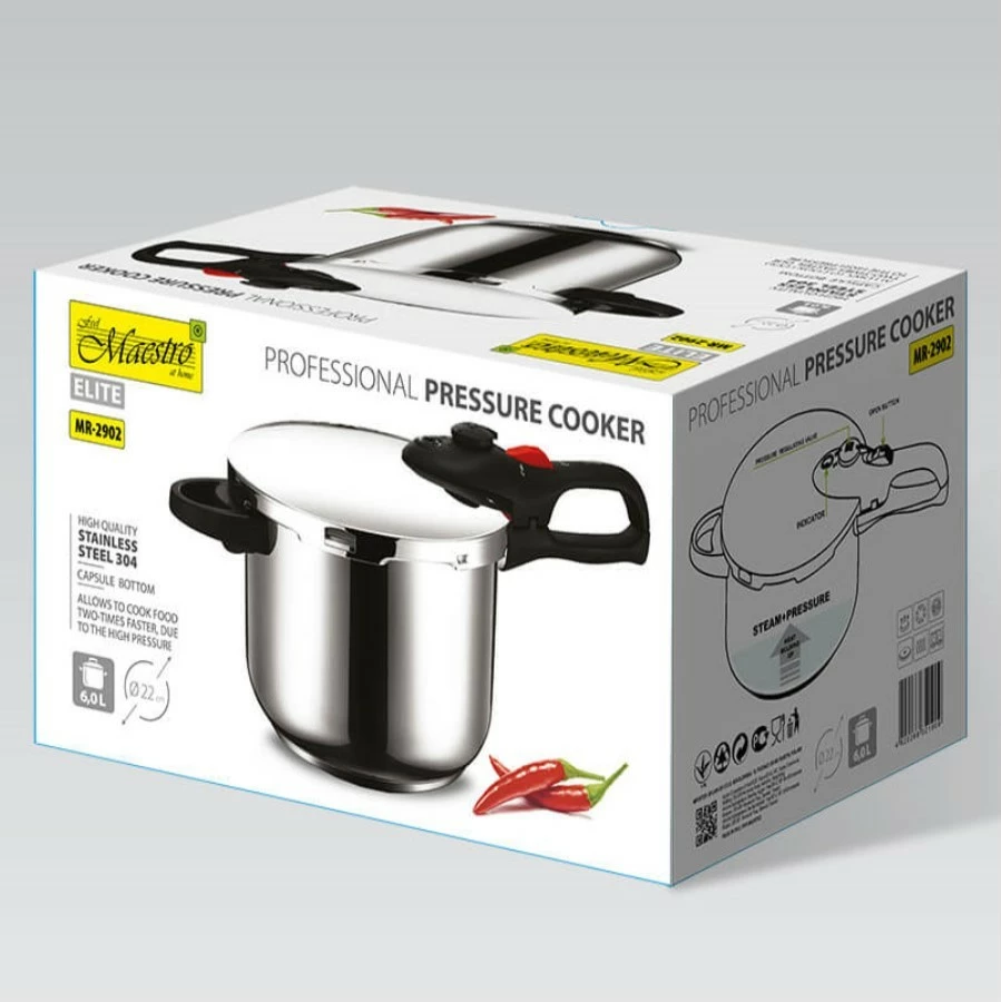 Tenxhere me presion, Feel-Maestro MR-2902, 6L, Ø22cm, 80kPa, çelik inox, e zezë/argjendtë