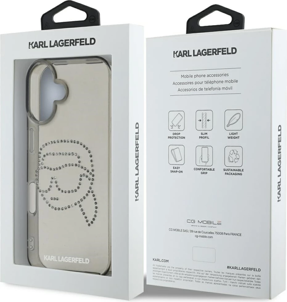 Mbështjellës Karl Lagerfeld IML Rhinestones Karl Head për iPhone 16, i zi