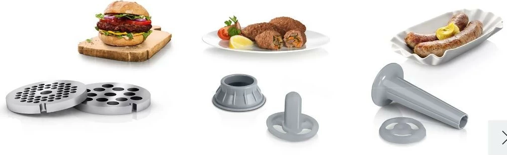 Grirëse mishi Bosch MFW2520W 350W 1.7 kg/min, set me sita 3.8/8 mm + shtojcë salsiçe + shtojcë kebbe, e bardhë