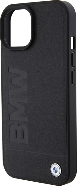 Mbështjellës BMW Leather Hot Stamp për iPhone 15 Plus, e zezë
