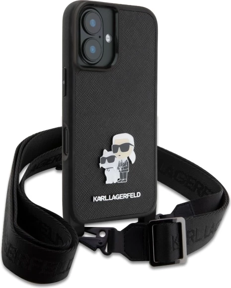 Mbështjellës Karl Lagerfeld Saffiano Karl&Choupette Metal Pin me rrip, për iPhone 16, Zi