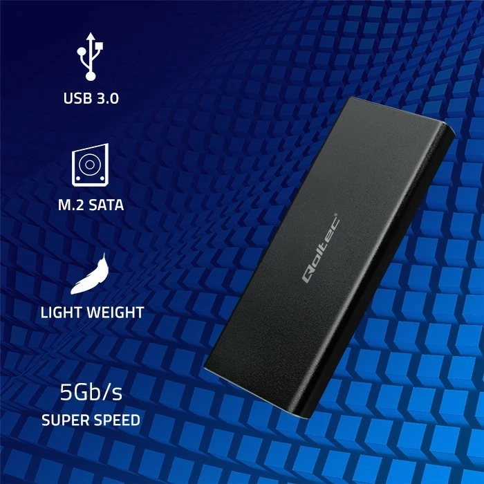 Kasë Qoltec 51854 për SSD M.2 SATA/NGFF, USB 3.0, Alumini, E zezë