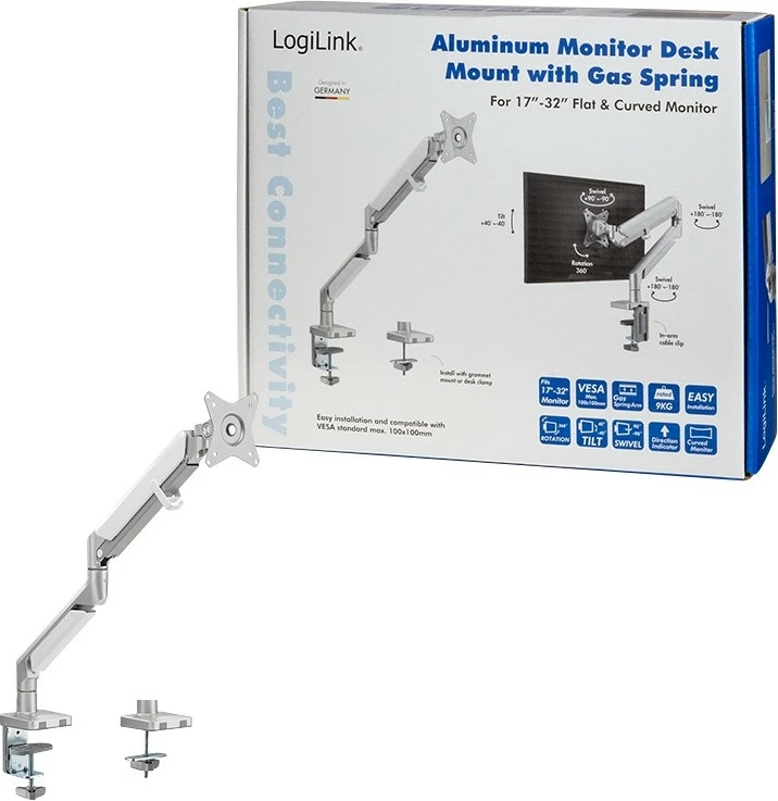 Mbajtëse monitori LogiLink BP0086, për tavolinë, 17-32 inç, 9 kg, argjendtë