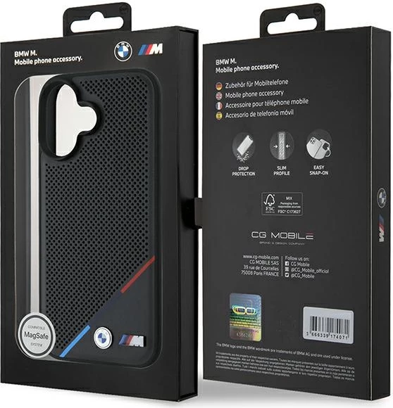 Mbështjellës BMW M Perforated Tricolor Line MagSafe për iPhone 16 Plus, Zi