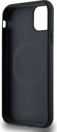 Mbështjellës DKNY Leather Monogram Pattern Metal Logo MagSafe për iPhone 11/XR, i zi
