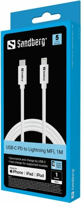 Kabllo karikimi USB-C në Lightning SANDBERG 136-58, 1 m, MFi, e bardhë