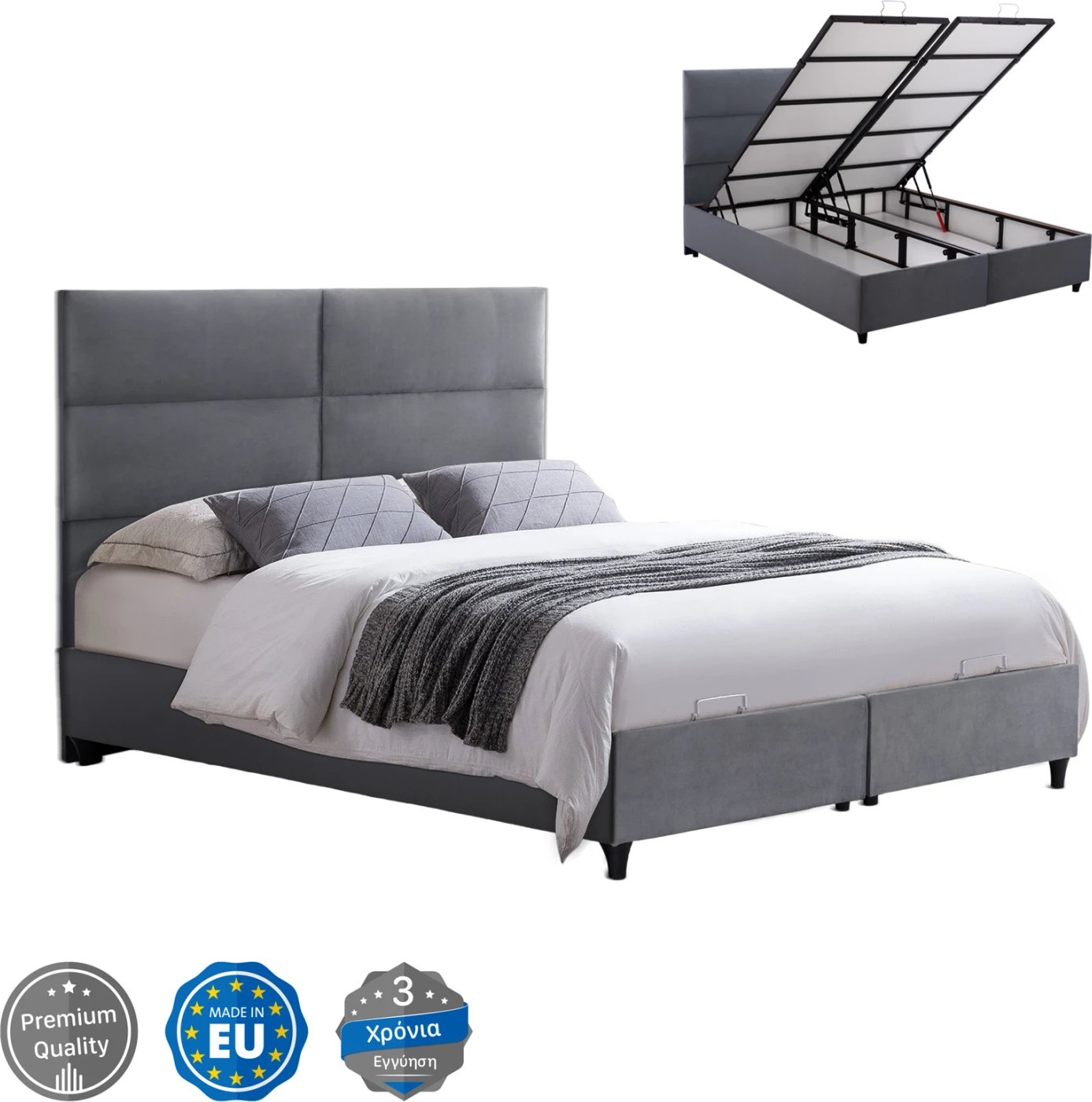 Krevat me hapësirë për depo, kadife gri, MILO FH738.10, për dyshek 140x200cm